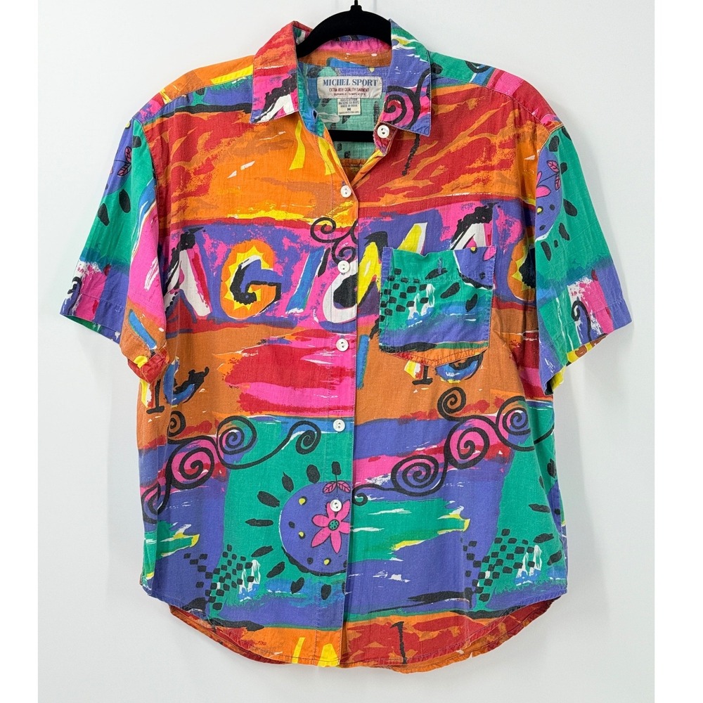 Vtg 80s Michel Sport Abstract beach Cotton Button Down Camp Shirt womens sz M